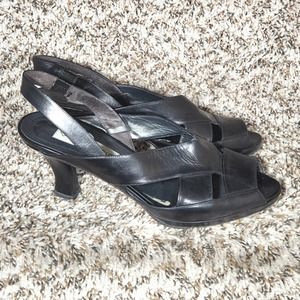 Via Spiga Black Leather Strappy Peep Toe Slingback Heel Sandal Women's Shoes 8.5